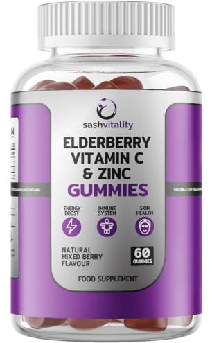 Elderberry Vitamin C & Zinc + Iron Gummy 1000 IU – 60 Vegetarian Multivitamin Chewable Gummies for Kids & Adults | for Skin & Immune System Booster| Nutrition | Mixed Berry Flavour