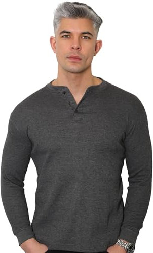 Men's Regular-Fit Long-Sleeved Henley Shirt Top Plain Grandad Neck Waffle Knit T-Shirt Lightweight Henley Tops for Gym (2208-A) (UK, Alpha, 3XL, Regular, Regular, Charcoal Grey)