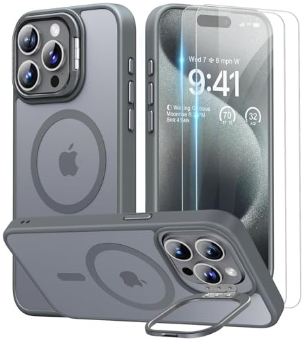 Beeasy für iPhone 15 Pro Hülle, Kompatibel mit MagSafe, Ständer Handyhülle mit 2 Stück Schutzfolie, Magnetische Stoßfest Schutzhülle Case, Durchscheinend Matt Grau