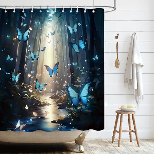 APROPHIC Rideau Douche Papillon Rideau de Douche 180x180 Rideau Salle de Bain Rideau Douche Lavable en Machine Rideau Baignoire avec 12 Accrocher Rideau de Douche Tissu Bleu