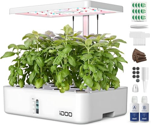 iDOO Hydroponisches Anzuchtsystem, 12Hülsen Indoor Kräutergarten mit Automatisch Timer, Smart Garden mit LED Pflanzenlampe und Ventilato, Höhenverstellbar kräutergarten Set, Weiß