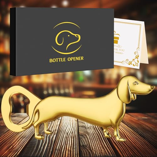 LKKCHER Gold Dackel Flaschenöffner, Dackel Geschenke, Dackel Deko Geburtstagsgeschenk Weihnachten Valentinstag Bier Geschenke für Männer Frauen Papa, Vatertagsgeschenk, mit Geschenkbox und Grußkarte