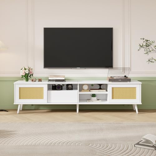 BTM TV Stand Cabinet, Rattan TV Stand, Wood TV Stand with 1 Drawer & 2 Doors & 3 Open Storage Space, 200cm TV Unit for 90 Inch TV, 200x40x49cm