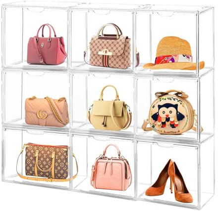 6 Stück Vitrine Acryl für Handtaschen,37x20x27cm Transparente Schaukasten für Lego 10293 21347 43249 76414, Aufbewahrung Organizer Stapelbare für Action Figuren Modell Spielzeug