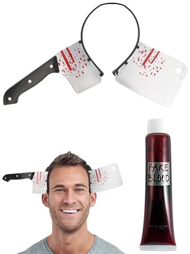 Mega_Jumble Adult Horror Hair Bands Bleeding Axe Scissor Knife Headbands with Fake Blood Zombie Cosplay Accessory Tricky Toys Scary Halloween Party Event Fancy Dress Costume (Bloody Cleaver & Blood)