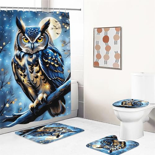 UNAGRI Duschvorhang 180x200 180x180 Cartoon Eule Shower Curtains Wasserdicht Polyester Stoff Duschvorhang Badezimmer Teppich 4-teiliges Set (1,180 x 200 cm)