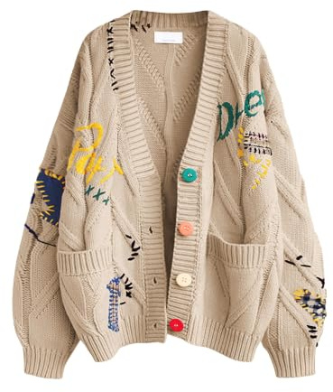 Women’s Cable Knit Cardigan, Long Sleeves, Open Front, V Neck, Button Placket, Embroidery, Wool Blend Pullover, Jacket, Outdoor Clothing