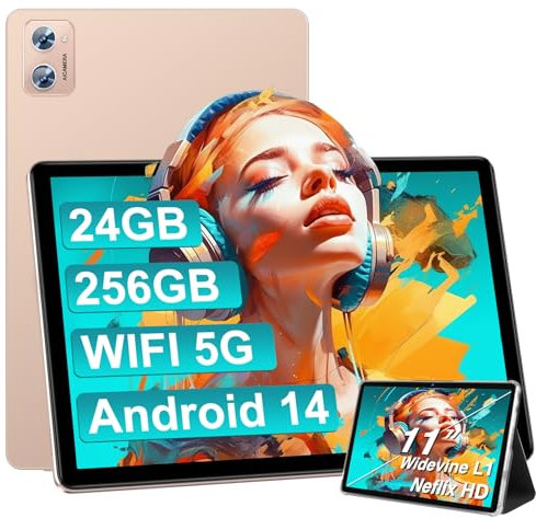 2025 Tablets Android 14 11 Pollici 24GB RAM+256GB ROM(1TB TF), Octa-Core,2.0Ghz , WiFi5G+2.4G, GPS,8000 mAh, 5MP + 13MP,Bluetooth5.0,Widevine L1,Cast, Tablet PC con Custodia, tablet in offerta, Oro