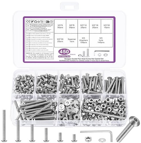 450 Pz Set di Viti M3, Bulloni e Dadi Set, Viti a Testa Cilindrica con Esagono Incassato, Kit di Assortimento di Bulloni a Testa Tonda Esagonale e Dadi e Rondelle (M3)