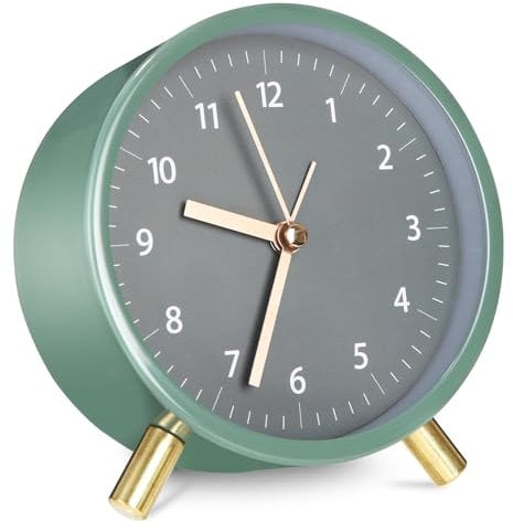TIDEVAN Reloj Despertador Analógico Reloj Despertador de Metal Redondo Verde Reloj Despertador Analógico Silencioso sin Tictac con Luz Nocturna para Dormitorio Oficina Viajes