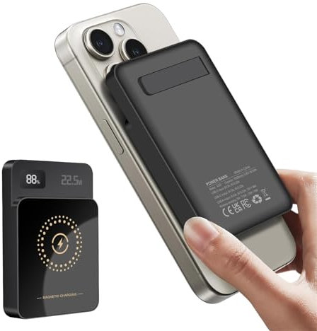 22.5W Power Bank, 10000mAh 15W Magnetic Wireless Powerbank Portable Charger, 20W USB C in&Out External Battery Pack Charging for iPhone 16 15 14 13 12 Pro Max, Samsung/Google/LG/Switch/iPad, Black