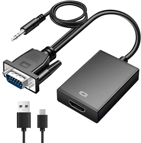 ltteea Adaptador convertidor VGA a HDMI con audio, 1080P VGA macho a HDMI hembra, compatible con Full HD, Plug & Play, incluye cable de audio USB y de 3.5 mm para PC, portátil, monitor de escritorio,