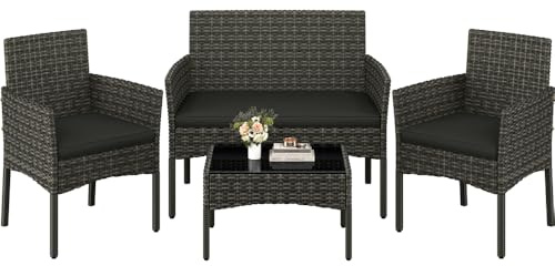 Yaheetech 4-er Gartenmöbel Set Balkonmöbel Set aus Polyrattan Terassenmöbel | mit 2er Sofa, 2 Stühle, Tisch & Sitzkissen für Außen Terrasse/Balkon/Garten, Grau