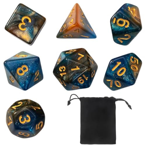 WeddHuis Set di dadi poliedrici DND da 7 pezzi per Dungeon and Dragons MTG RPG D&D (D20, D12, D10, D%, D8, D6, D4) (Blu + Oro)