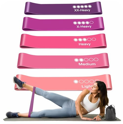 Active 100 Resistance Bands, Set of 5 Different Levels, Exercise Band for Home Gym, Training and Yoga with Carrying Bag (Pink-Purple)