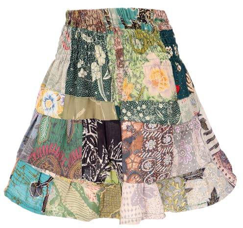 GURU SHOP Weit schwingender upcycling Patchwork Minirock, Boho Baumwolle | Luftiger Sommerrock, elastischer Bund, loose Passform, nachhaltige Upcycling Baumwollpatches, individuelles Design.