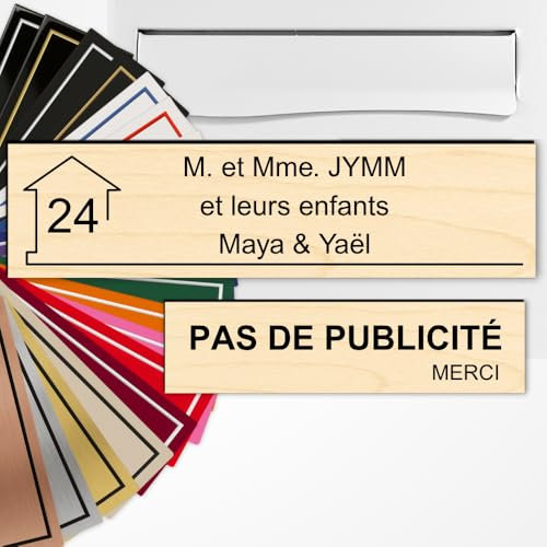 Plaque boîte aux lettres personnalisée 10x2,5cm adhésive + Plaque Pas de Publicité 8x2cm - Gravure Laser – 22 Couleurs – Avec ou Sans Motif (Imitation bois clair texte noir)