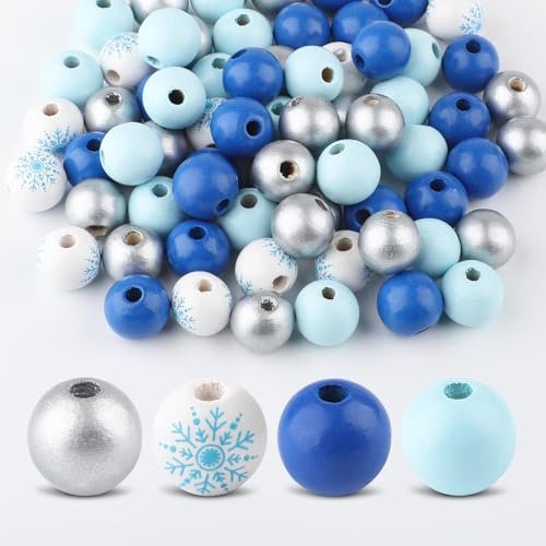 80 Stück Weihnachts Holzperlen Blau Schneeflocke 16mm mit 4mm Loch 4 Designs Lackierte Perlen für DIY Schmuck Armband Halskette Basteln Weihnachtsdeko