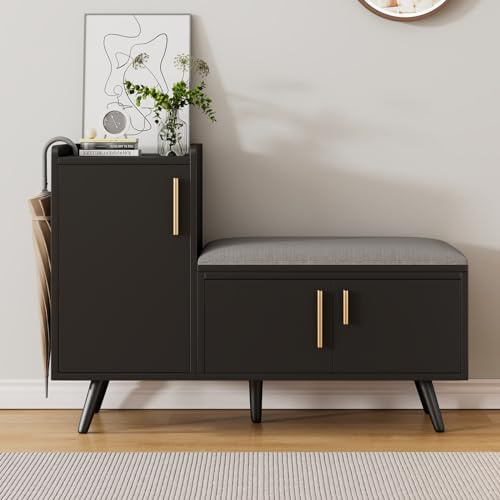 KEFSR Panca portaoggetti per scarpe moderna con tre ante, maniglie in metallo asimmetriche, organizzazione a più livelli, dimensioni: 100 x 34 x 69 cm (panca per scarpe a 3 porte, nero)
