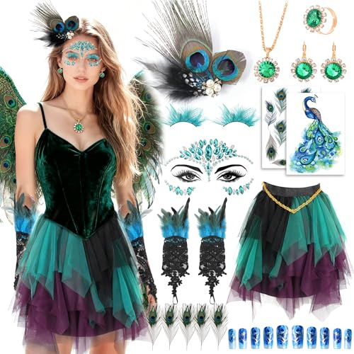 ZJTAPE Pfau Kostüm Damen - Pfauen Accessoires, Karneval Tüllrock mit Schmuck, Pfauenfedern, Glitzersteine Gesicht, Pfau Nägel Handschuhe Tatto, für Fasching Cosplay Karneval Mottoparty