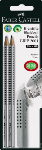 Faber-Castell 187198 - 2 Bleistifte GRIP 2001, Härtegrad: HB, inklusive 1 GRIP Radierer, silber