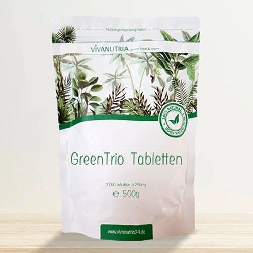 VivaNutria Green Trio Presslinge | 2500 Tabletten | Spirulina + Chlorella + Gerstengras | Reichweite 3 Monate I vegan | 500 g