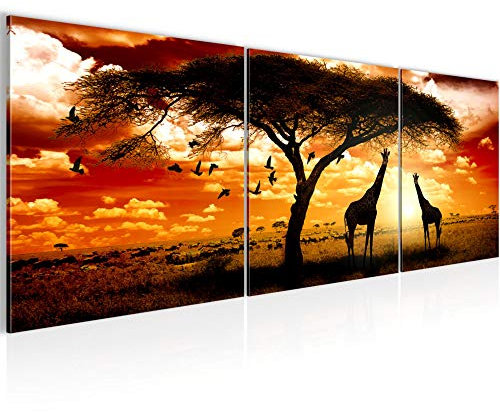 Runa Art - Bilder Afrika Sonnenuntergang 120 x 40 cm 3 Teilig Wandbild auf Vlies Leinwand Orange Mehrteilig Modern 001533b