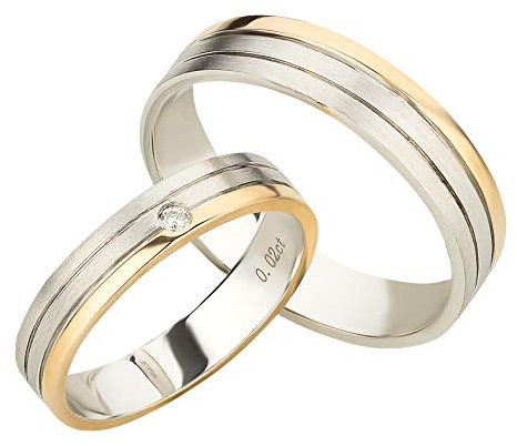 Ardeo Aurum Trauringe aus 375 Gold bicolor Gelbgold Weißgold mit 0,02 ct Diamant Brillant hochglanzpoliert-matt Eheringe Paarpreis