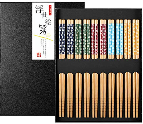 10 Pares Palillos de Bambu Japoneses Chopsticks Reutilizables Lavable con Caja de Regalo Negra para Sushi Cocina Asiática, Flor de cerezo