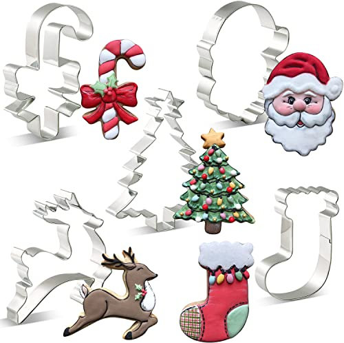 LILIAO Christmas Cookie Cutter Set - 6 Piece - Christmas Tree with Star, Santa Face, Gingerbread Man, Reindeer, Candy Cane with Bow and Stocking Biscuit Fondant Sandwich Cutters - Stainless Steel