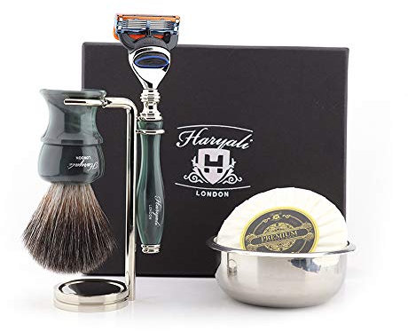 Haryali London Kit de afeitado maquinilla de afeitar de 5 filos, cepillo, jabón, soporte y cuenco, juego perfecto para hombres