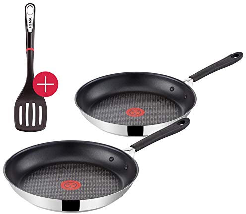 Tefal G435S1 Jamie Oliver Induktion Pfannenset 3-teilig 24 und 28 cm + Pfannenwender, Optimale Hitzeverteilung und Gleitfähigkeit, Antihaft Pfanne, Induktionsherd geeignet, Genieteter Edelstahlgriff
