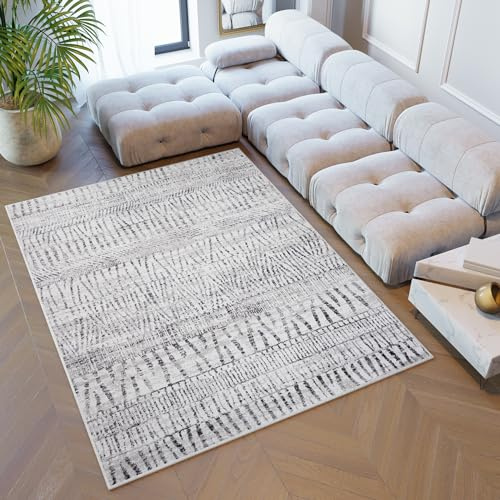 TAPISO Sky Teppich Kurzflor Beige Grau Ethno Streifen 160 x 220 cm | Modern Meliert Verwischt Design Wohnzimmer Schlafzimmer 3D Optik OEKO-TEX