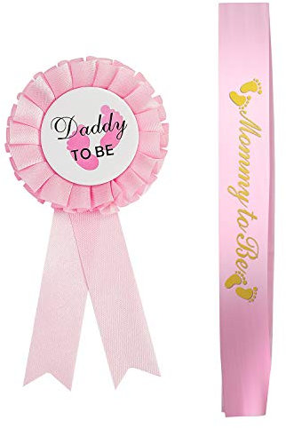 Rosa Mommy to Be Schärpe und Dad to Be Anstecker Schleife Deko für Papa Mama Geschenk,Weißblech Rosette Abzeichen Pin Geschlecht Knopf Nadel für Geburt Baby Mädchen Junge Babydusche Party Dekoration