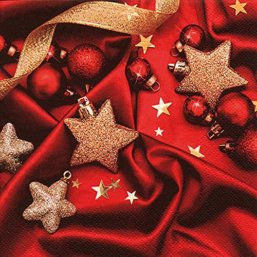Servietten Papier 33x33cm 20 Stück Weihnachtskugeln auf roter Seide - hochwertig & nachhaltig - Einweg Weihnachtsservietten 3-lagig - Papierservietten für Weihnachten Gastronomie Alltag - Rot Gold