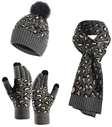 YOUNGSOUL Damen Mütze Schal Handschuhe Set, Warme Winterset Touchscreen Handschuhe Strickmütze mit Leopardenmuster Dunkelgrau