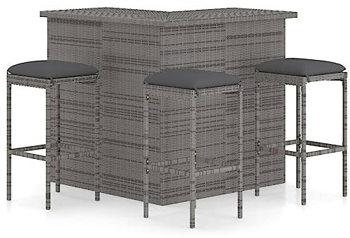 vidaXL Gartenbar Set 4-TLG. mit Kissen Theke Bar Tresen Gartentheke Bartisch Stehtisch Barhocker Barstuhl Gartenmöbel Poly Rattan Grau