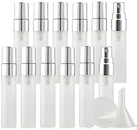 BasicPacking 48 Pieza Mate Transparente Portatil de Perfume Bote de Spray Viaje Pulverizador Con Sprayer de Plata, Recargable 5 ml Vidrio Botella de Spray Atomizador de Perfume Viaje + 4 x Embudo