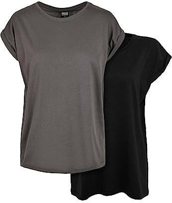 Urban Classics Damen Extended Shoulder Tee 2er Pack – Baumwoll T-Shirt mit überschnittenen Schultern, Loose Fit Basic für Alltag, Freizeit & Streetwear,Darkshadow+Black,S