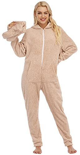 QIYUANT Pyjama Combinaison Femme avec Pieds en Velours Corail Doux Grenouillères a Capuche Manche Longue Hiver Confortable Chaud Homewear Onesie Zippé Adulte Une Piece Beige XL