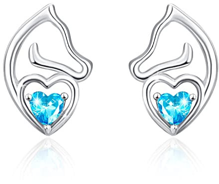 KINGWHYTE Pferd Ohrringe 925 Sterling Silber Pferd Blaues Herz Zirkon Ohrstecker Niedliche Tier Ohrringe Aquamarin Schmuck Geschenke für Tier Liebhaber Frauen Mädchen Freunde