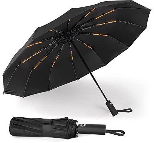 LAMA Regenschirm Auf-Zu Automatik Klappschirm Taschenschirm Winddicht mit Extra Robust 12 verstärkte Rippen Sturmfest Golfschirm 210T Nylon Schirm Anti-UV Reiseschirm Faltbarer Regenschirm, Schwarz