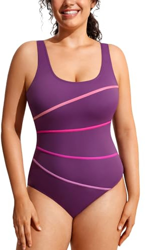 DELIMIRA Costume da Bagno Taglie Forti Scollo Rotondo Imbottito Costume Intero Donna Gelsi Viola 50