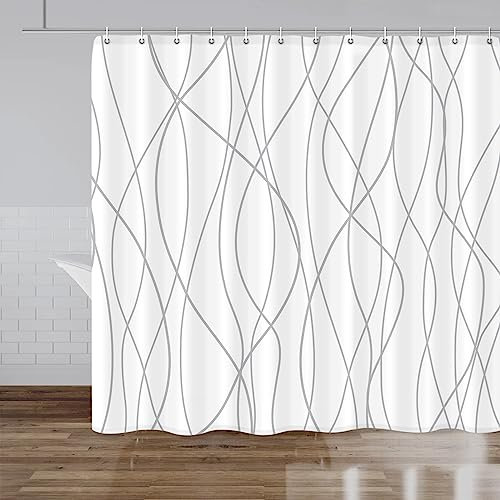 Punkray Grau-weiß gestreifter Stoff Duschvorhang für Badezimmer mit 14 Haken, Duschvorhänge für Badezimmer-Dekoration, wasserdichtes Badzubehör, Hotelstil – maschinenwaschbar 96x72 cm