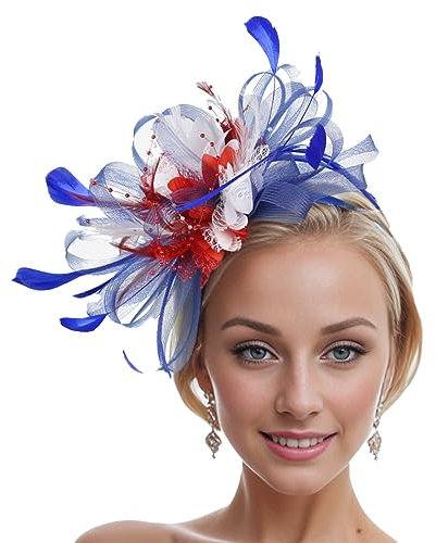 SJTJSPX Fascinator Hut Damen Mädchen Hut Fascinator Zubehör Haar Mesh Netz Hut Hochzeit Elegant Schleier Stirnband Clip Haarreif Braut Kirchenhüte Tea Party Cocktail Royal Ascot, Weiß / Blau