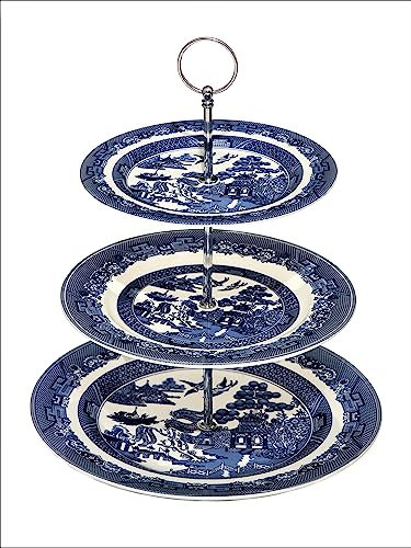 AuraHome Blue Willow 3 Tier Cake Stand Afternoon Tea, Porcleain Serving Dishes 19cm,23cm,28cm Iconic Elegant Blue-Printed Scene on White Porcelain Depicts Nature & Historical Imagery
