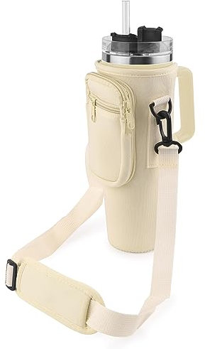 PEUTIER Water Bottle Carrier Bag for Stanley, Apricot Color, Adjustable & Detachable Shoulder Strap, Side Pocket, Compatible with Stanley 30/40oz Tumbler