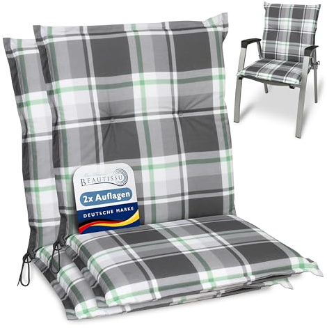 Beautissu 2er Set Niedriglehner Auflagen für Gartenstühle Polster kariert | 100x50cm Mintgrün bequeme Gartenstuhl Stuhlkissen Polsterauflagen UV-Lichtecht Gartenstuhlauflagen Sunny MK