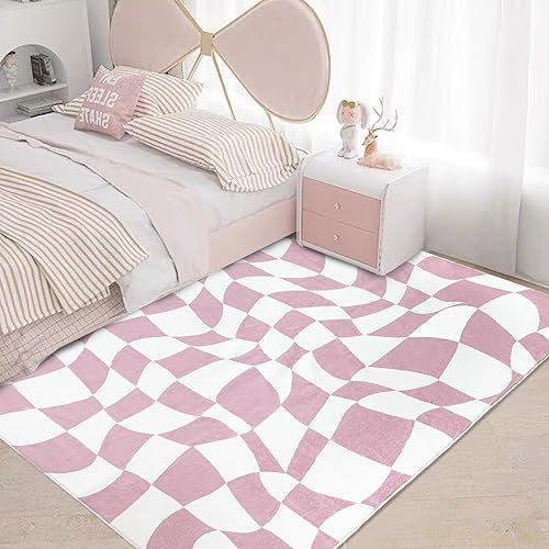 USTIDE Moderner rosa karierter Teppich für Wohnzimmer, Schlafzimmer, Gitterbereich, weich, waschbar, mit rutschfester Unterseite, großer Innenteppich für Heimdekoration, 120 x 180 cm