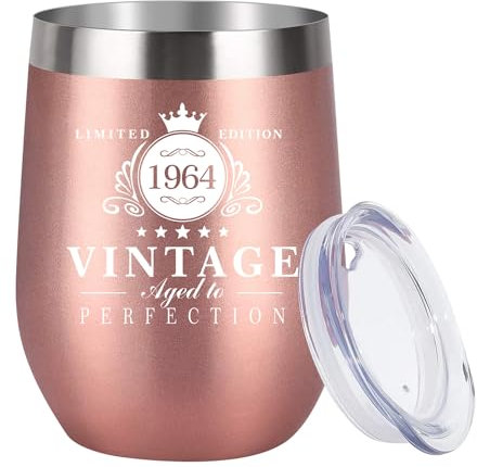 1964-60th Birthday Gifts for Women, 12oz Stainless Steel Wine Tumbler, Reusable Travel Mug Double Wall Vacuum Cup with Lid, Ideas Gifts for Her, Mom, Dad, Wife, Husband, Rose Gold…